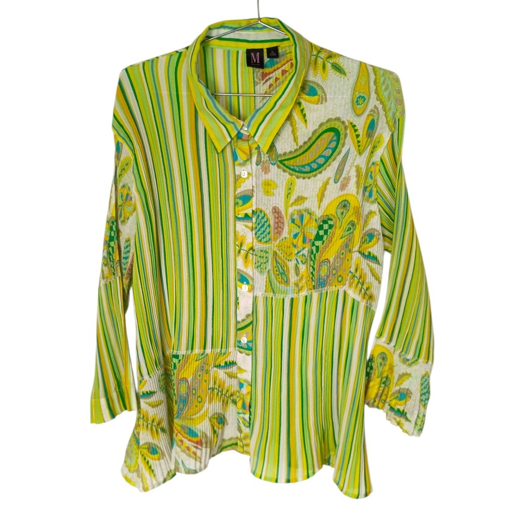 Milano Vintage Womens XL Green Yellow Paisley Striped Patchwork Crinkle Buttons